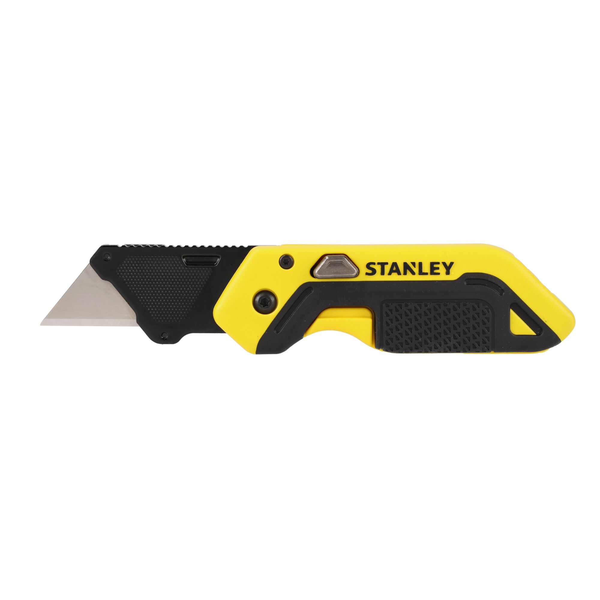 Photo du couteau utilitaire STANLEY STHT10521-0 avec manche jaune et noir, vue latérale, lame sortie.